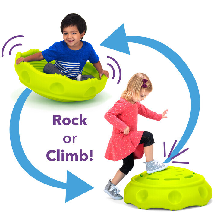 The Simplay3 rock around Wobble Disk in the color lime. The photo shows how to use the wobble disk in sitting position or climbing over it. 