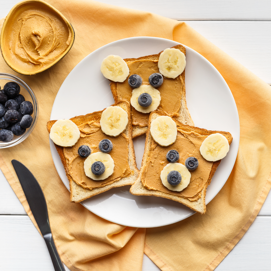 Kid friendly snack of peanut butter and banana bear bread. Easy snack for toddlers