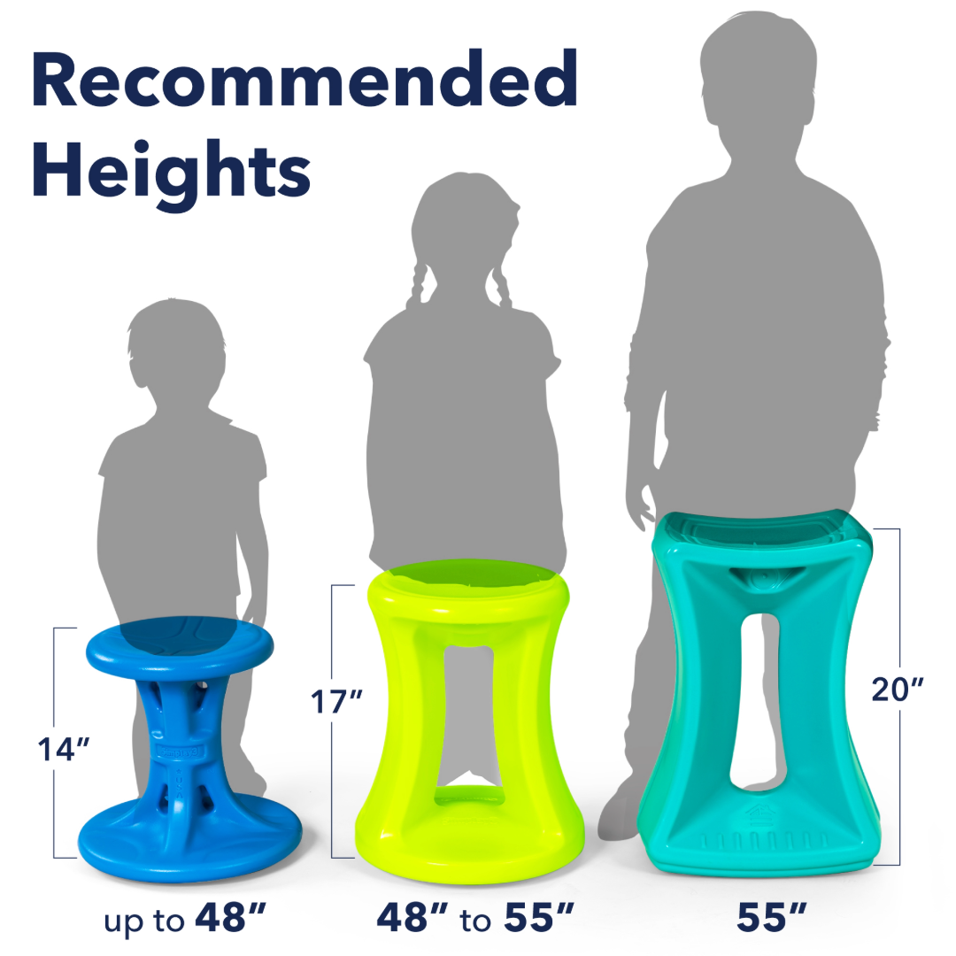 different sizes of flexible seating to fit the correct height. 3 different wiggle chairs by simplay3