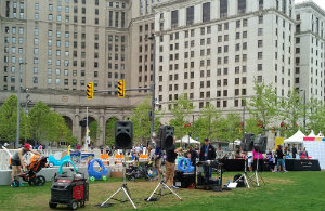 The kids' zone at Public Square on race day featured music and Simplay3 toys