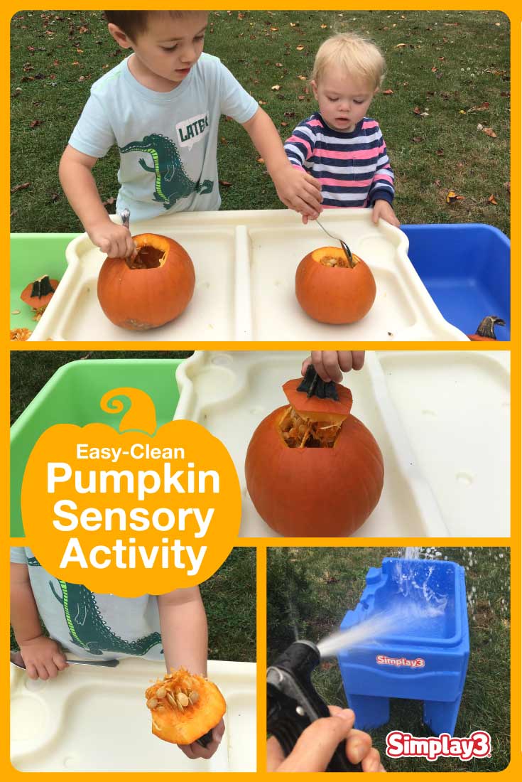 Simplay3's Easy-Clean Pumpkin Sensory Activity, a new twist on a fall tradition to bring sensory development into pumpkin carving.