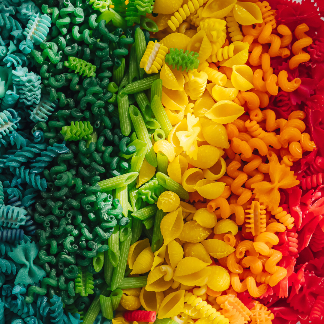 rainbow pasta, diy sensory play, taste safe sensory materials, 